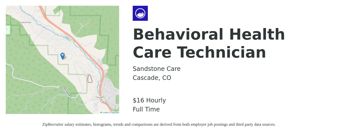 Sandstone Care job posting for a Behavioral Health Care Technician in Cascade, CO with a salary of $17 Hourly with a map of Cascade location.
