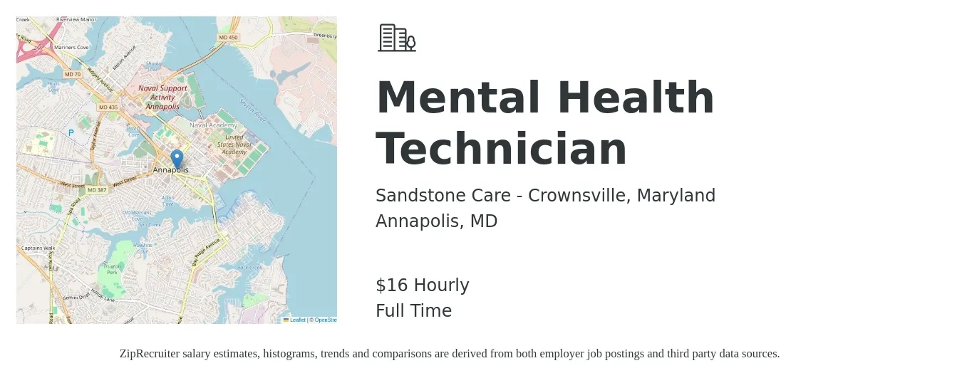 Sandstone Care - Crownsville, Maryland job posting for a Mental Health Technician in Annapolis, MD with a salary of $17 Hourly with a map of Annapolis location.
