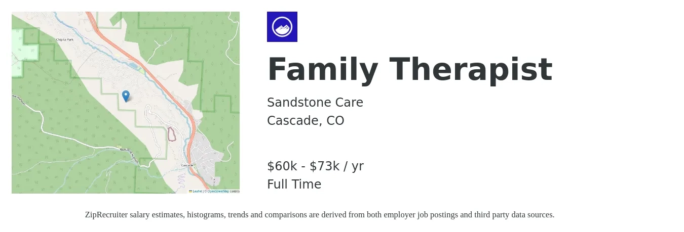 Sandstone Care job posting for a Family Therapist in Cascade, CO with a salary of $60,000 to $76,000 Yearly with a map of Cascade location.