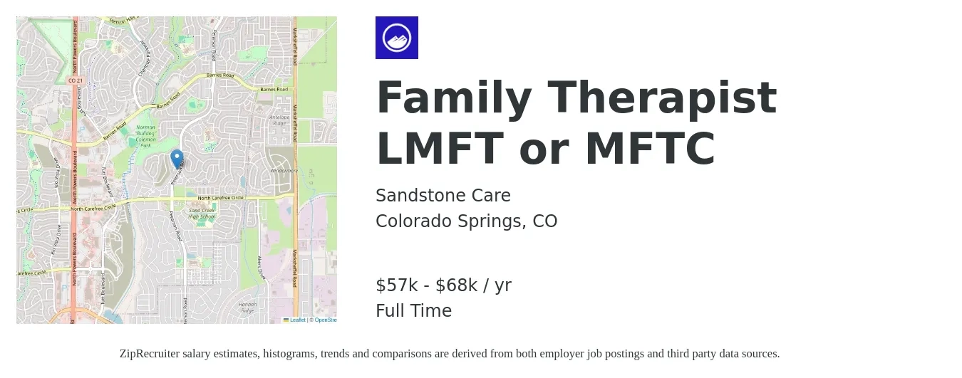 Sandstone Care job posting for a Family Therapist LMFT or MFTC in Colorado Springs, CO with a salary of $60,000 to $73,000 Yearly with a map of Colorado Springs location.