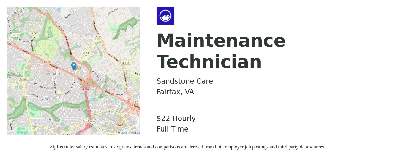 Sandstone Care job posting for a Maintenance Technician in Fairfax, VA with a salary of $24 Hourly with a map of Fairfax location.