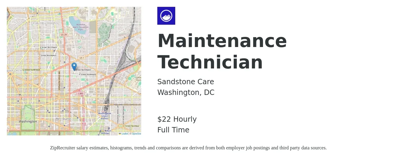 Sandstone Care job posting for a Maintenance Technician in Washington, DC with a salary of $24 Hourly with a map of Washington location.