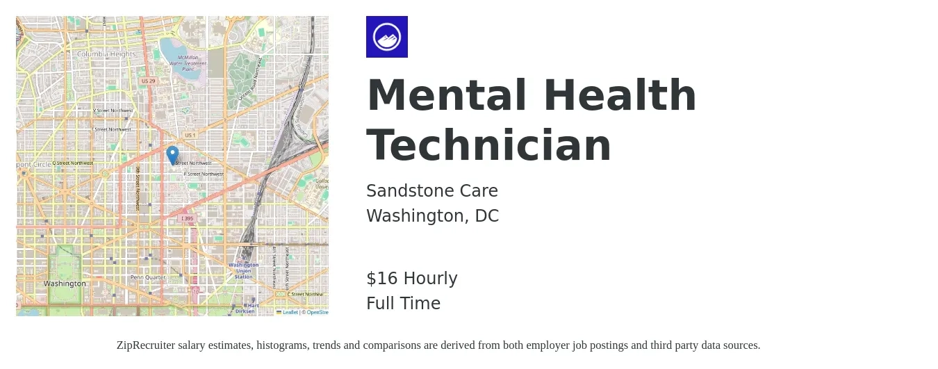 Sandstone Care job posting for a Mental Health Technician in Washington, DC with a salary of $17 Hourly with a map of Washington location.