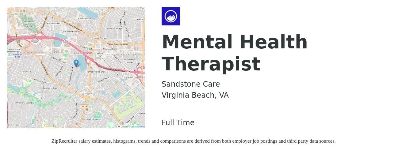Sandstone Care job posting for a Mental Health Therapist in Virginia Beach, VA with a salary of $56,900 to $80,700 Yearly with a map of Virginia Beach location.