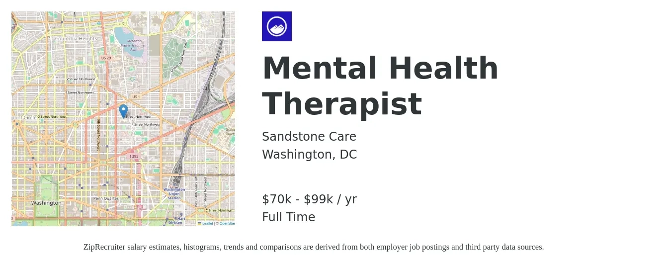 Sandstone Care job posting for a Mental Health Therapist in Washington, DC with a salary of $70,000 to $99,000 Yearly with a map of Washington location.