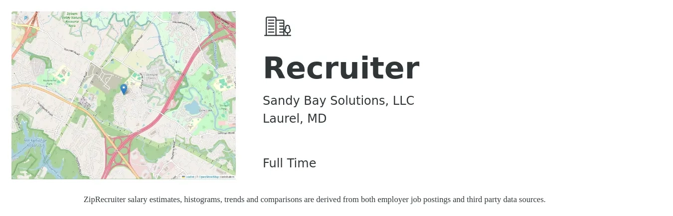 Sandy Bay Solutions, LLC job posting for a Recruiter in Laurel, MD with a salary of $17 to $20 Hourly with a map of Laurel location.