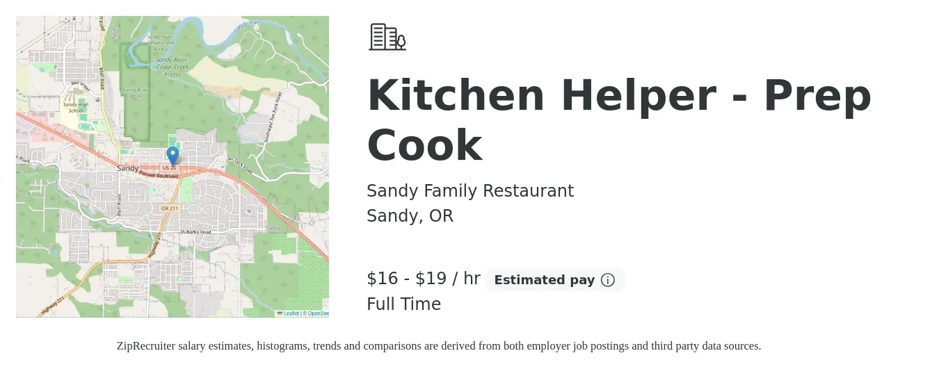Sandy Family Restaurant job posting for a Kitchen Helper - Prep Cook in Sandy, OR with a salary of $18 to $20 Hourly with a map of Sandy location.