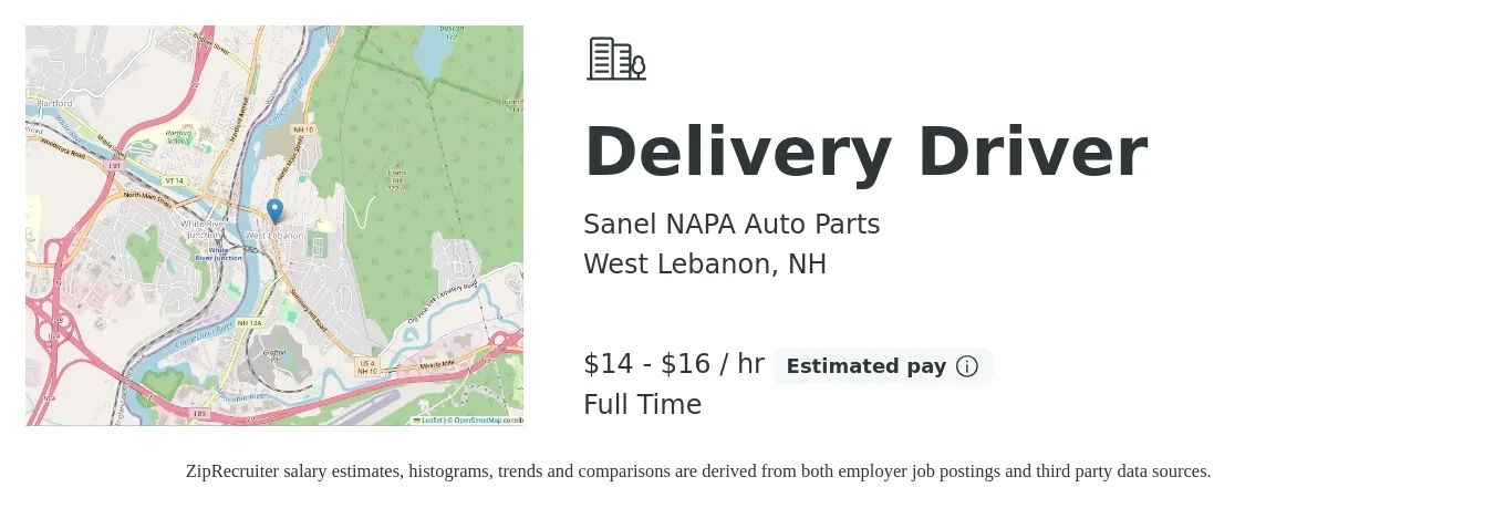 Sanel NAPA Auto Parts job posting for a Delivery Driver in West Lebanon, NH with a salary of $15 to $17 Hourly with a map of West Lebanon location.