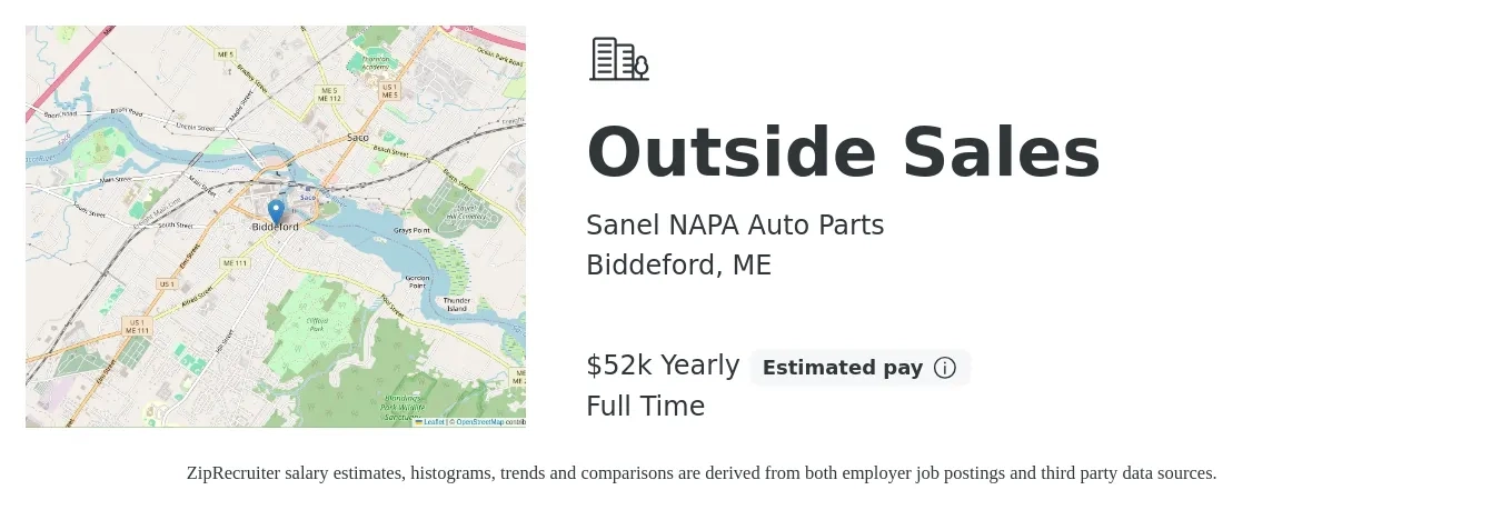 Sanel NAPA Auto Parts job posting for a Outside Sales in Biddeford, ME with a salary of $52,000 Yearly with a map of Biddeford location.