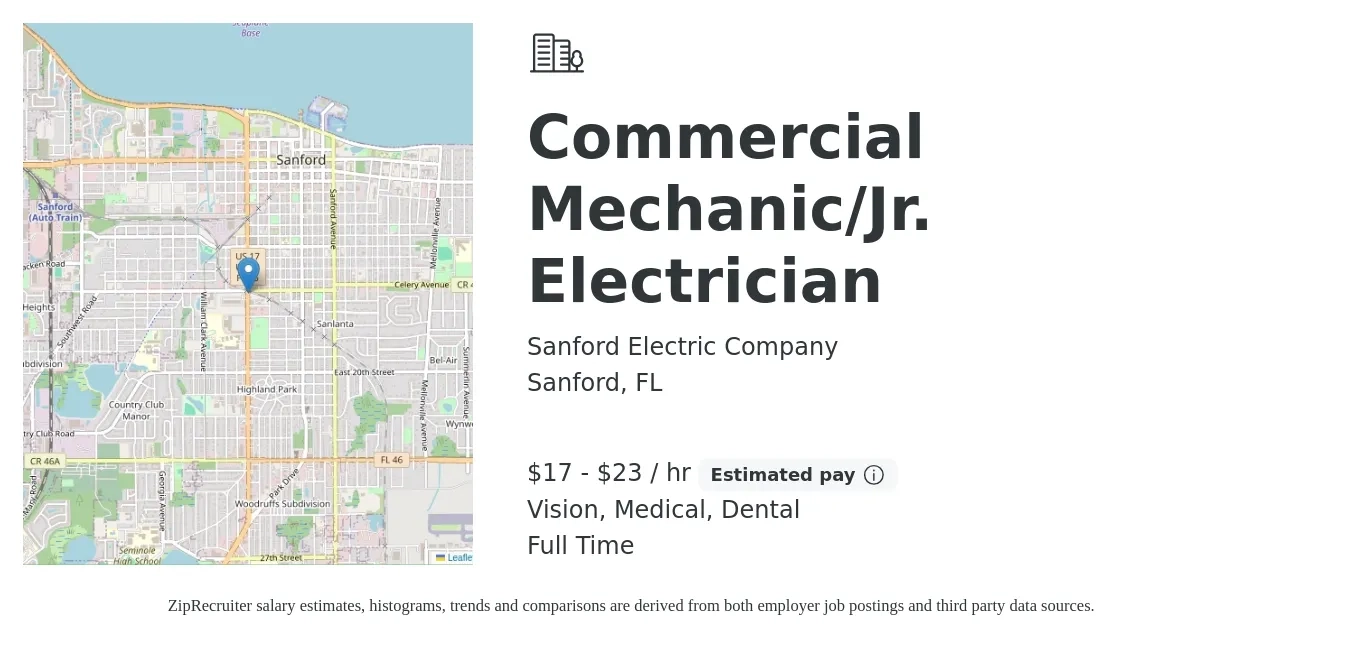 Sanford Electric Company job posting for a Commercial Mechanic/Jr. Electrician in Sanford, FL with a salary of $18 to $24 Hourly and benefits including vision, dental, and medical with a map of Sanford location.