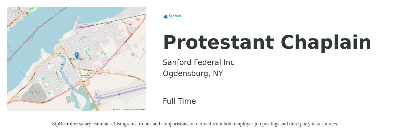 Sanford Federal Inc job posting for a Protestant Chaplain in Ogdensburg, NY with a salary of $52,500 to $86,600 Yearly with a map of Ogdensburg location.