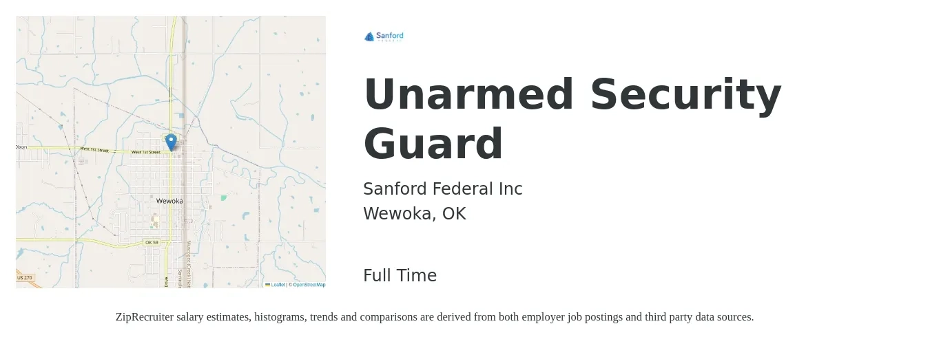 Sanford Federal Inc job posting for a Unarmed Security Guard in Wewoka, OK with a salary of $14 to $17 Hourly with a map of Wewoka location.