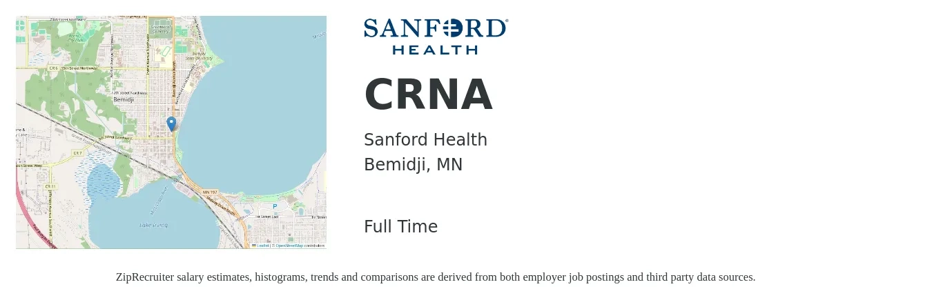 Sanford Health job posting for a CRNA in Bemidji, MN with a salary of $93 to $170 Hourly with a map of Bemidji location.