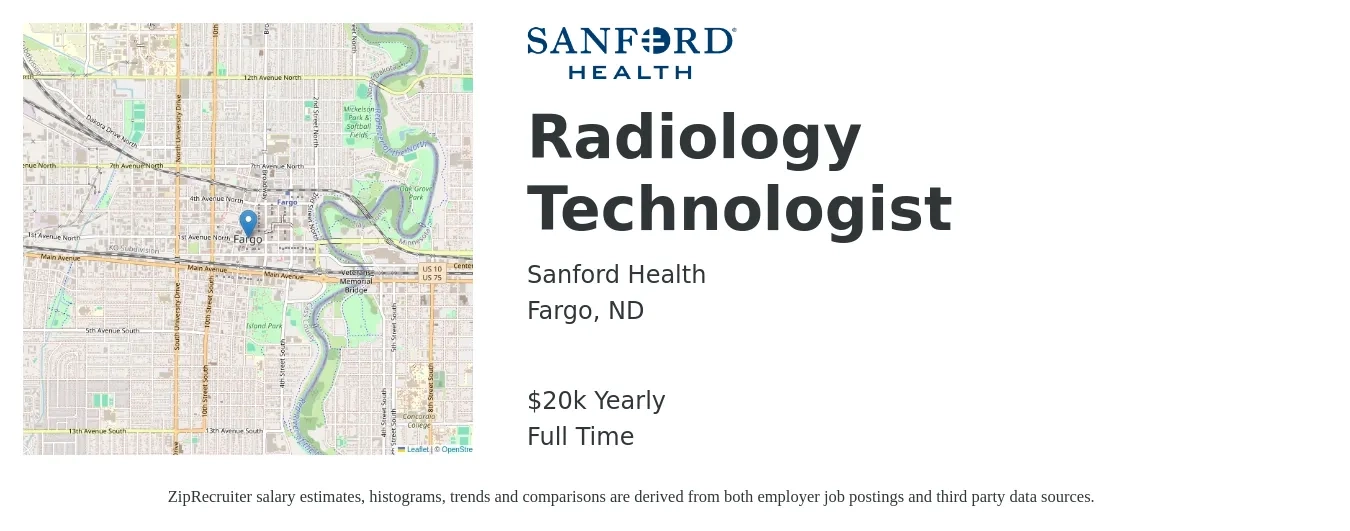 Sanford Health job posting for a Radiology Technologist in Fargo, ND with a salary of $20,000 Yearly with a map of Fargo location.