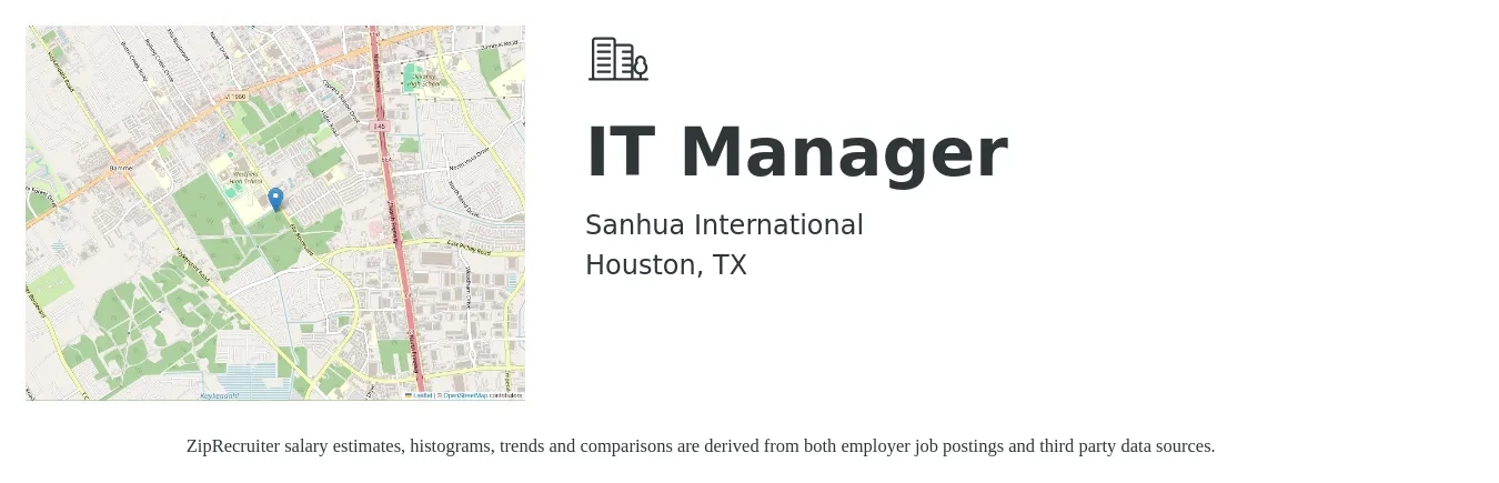 Sanhua International job posting for a IT Manager in Houston, TX with a salary of $90,700 to $111,200 Yearly with a map of Houston location.