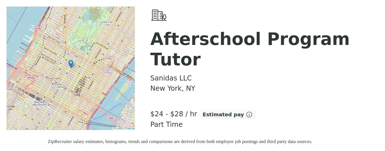Sanidas LLC job posting for a Afterschool Program Tutor in New York, NY with a salary of $25 to $30 Hourly with a map of New York location.