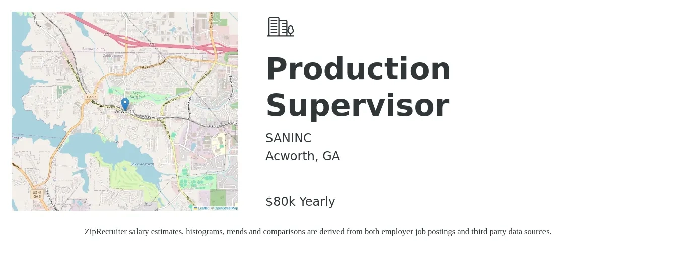 SANINC job posting for a Production Supervisor in Acworth, GA with a salary of $80,000 Yearly with a map of Acworth location.