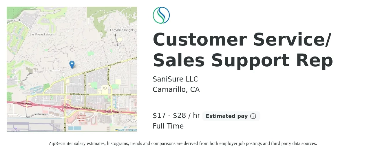 SaniSure LLC job posting for a Customer Service/ Sales Support Rep in Camarillo, CA with a salary of $18 to $30 Hourly with a map of Camarillo location.