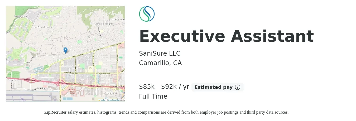 SaniSure LLC job posting for a Executive Assistant in Camarillo, CA with a salary of $85,000 to $92,000 Yearly with a map of Camarillo location.