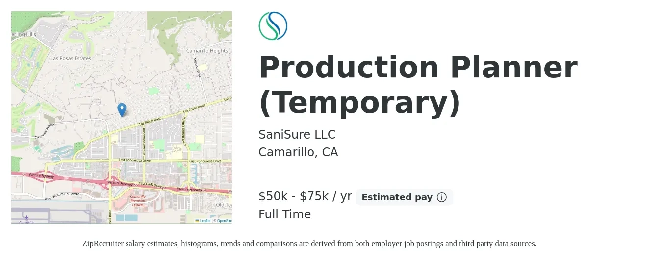 SaniSure LLC job posting for a Production Planner (Temporary) in Camarillo, CA with a salary of $50,000 to $75,000 Yearly with a map of Camarillo location.