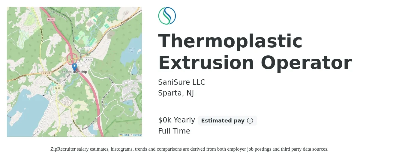 SaniSure LLC job posting for a Thermoplastic Extrusion Operator in Sparta, NJ with a salary of $18 to $25 Yearly with a map of Sparta location.