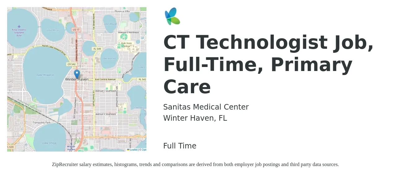 Sanitas Medical Center job posting for a CT Technologist Job, Full-Time, Primary Care in Winter Haven, FL with a salary of $1,740 to $2,440 Weekly with a map of Winter Haven location.