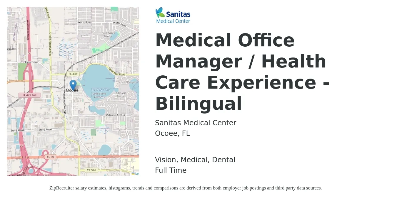 Sanitas Medical Center job posting for a Medical Office Manager / Health Care Experience - Bilingual in Ocoee, FL with a salary of $39,600 to $57,200 Yearly and benefits including dental, life_insurance, medical, pto, retirement, and vision with a map of Ocoee location.