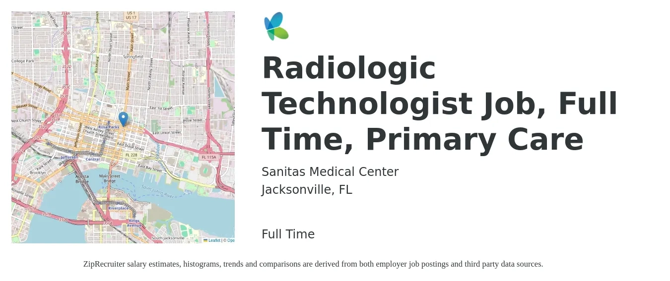 Sanitas Medical Center job posting for a Radiologic Technologist Job, Full Time, Primary Care in Jacksonville, FL with a salary of $1,110 to $2,310 Weekly with a map of Jacksonville location.