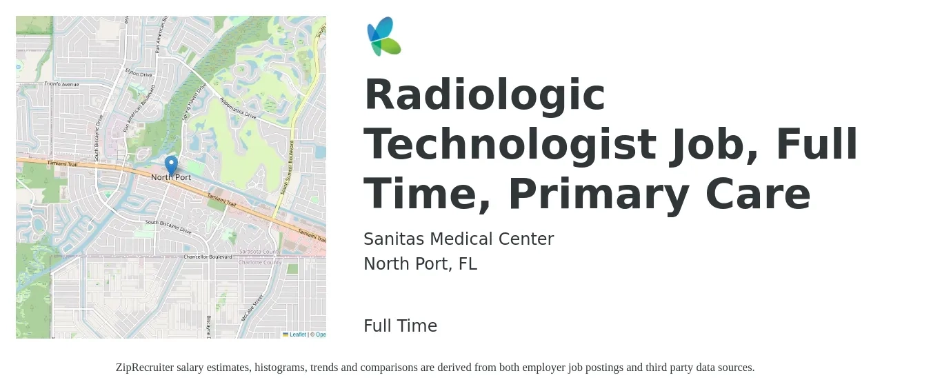 Sanitas Medical Center job posting for a Radiologic Technologist Job, Full Time, Primary Care in North Port, FL with a salary of $1,100 to $2,290 Weekly with a map of North Port location.
