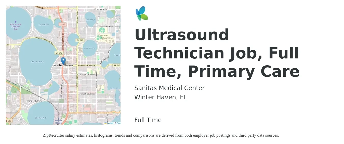 Sanitas Medical Center job posting for a Ultrasound Technician Job, Full Time, Primary Care in Winter Haven, FL with a salary of $1,110 to $2,220 Weekly with a map of Winter Haven location.
