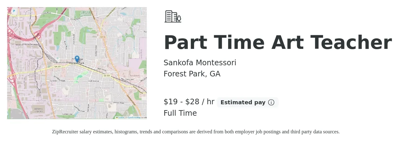 Sankofa Montessori job posting for a Part Time Art Teacher in Forest Park, GA with a salary of $20 to $30 Hourly with a map of Forest Park location.
