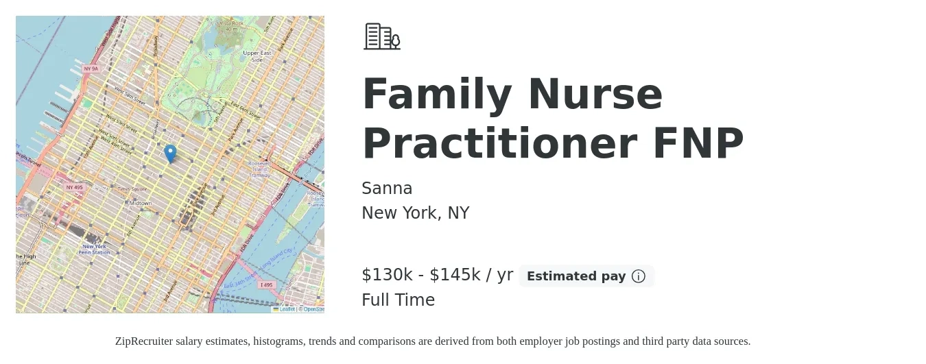 Sanna job posting for a Family Nurse Practitioner FNP in New York, NY with a salary of $130,000 to $145,000 Yearly with a map of New York location.