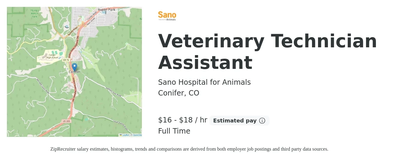 Sano Hospital for Animals job posting for a Veterinary Technician Assistant in Conifer, CO with a salary of $17 to $19 Hourly with a map of Conifer location.
