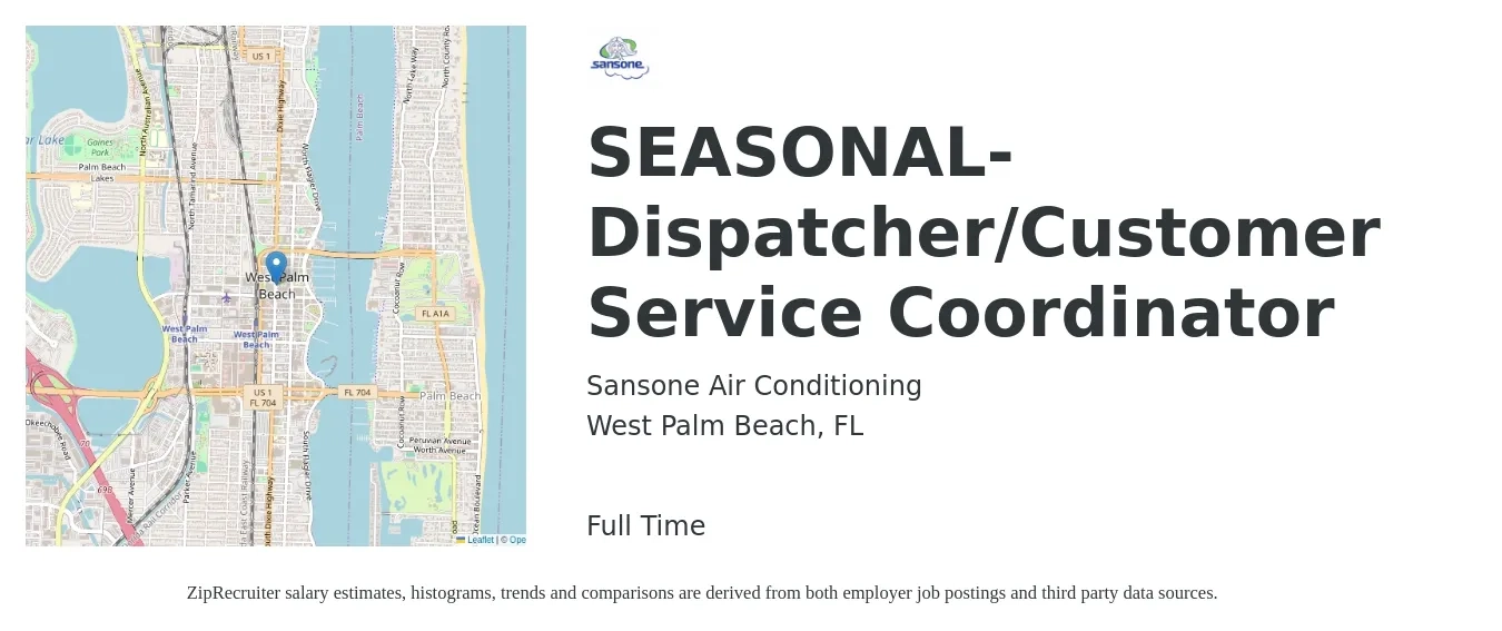 Sansone Air Conditioning job posting for a SEASONAL- Dispatcher/Customer Service Coordinator in West Palm Beach, FL with a salary of $16 to $19 Hourly with a map of West Palm Beach location.