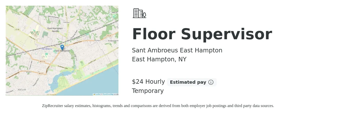 Sant Ambroeus East Hampton job posting for a Floor Supervisor in East Hampton, NY with a salary of $25 Hourly with a map of East Hampton location.