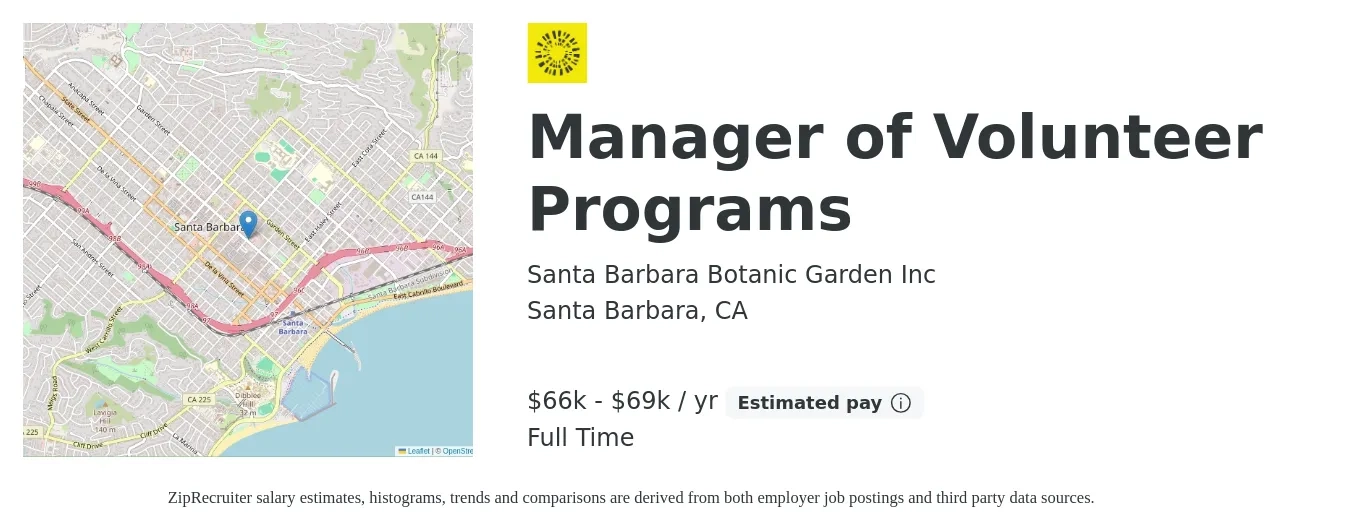 Santa Barbara Botanic Garden Inc job posting for a Manager of Volunteer Programs in Santa Barbara, CA with a salary of $66,560 to $69,000 Yearly with a map of Santa Barbara location.