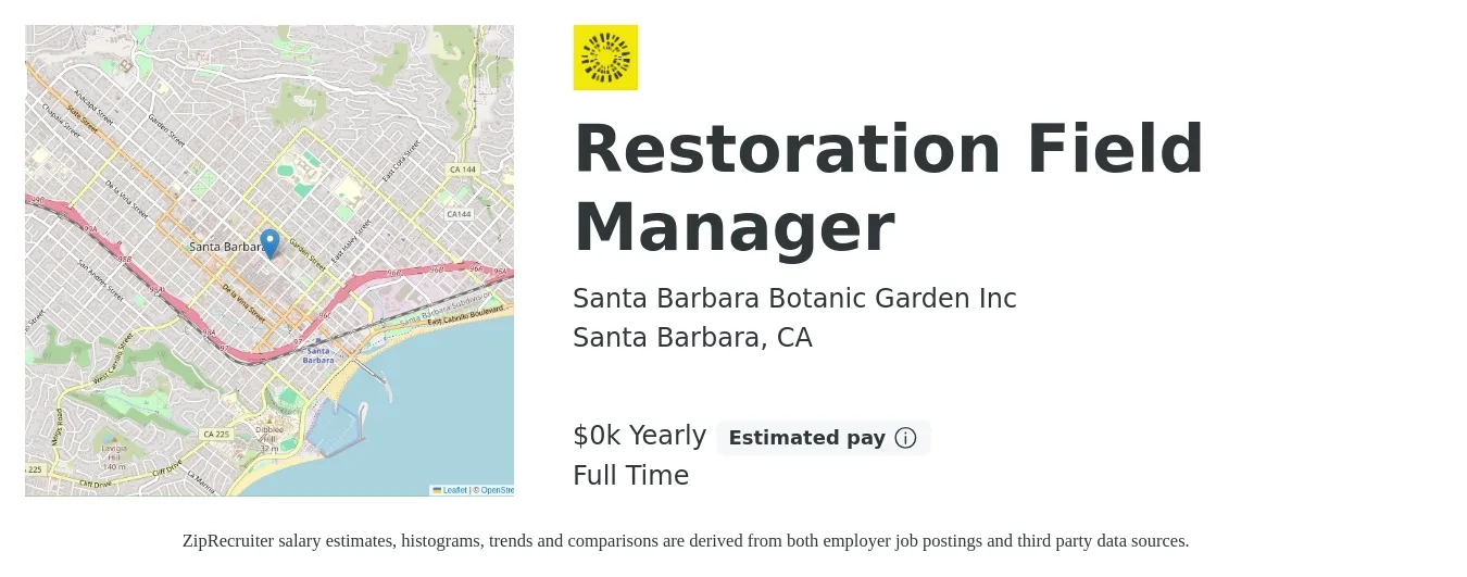 Santa Barbara Botanic Garden Inc job posting for a Restoration Field Manager in Santa Barbara, CA with a salary of $26 to $33 Yearly with a map of Santa Barbara location.