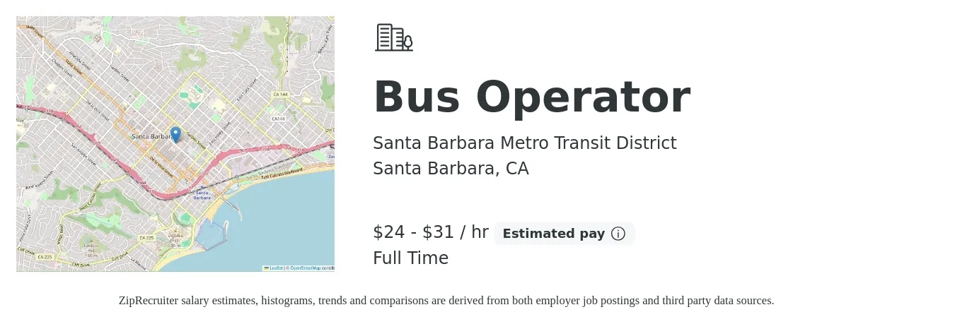 Santa Barbara Metro Transit District job posting for a Bus Operator in Santa Barbara, CA with a salary of $26 to $32 Hourly with a map of Santa Barbara location.