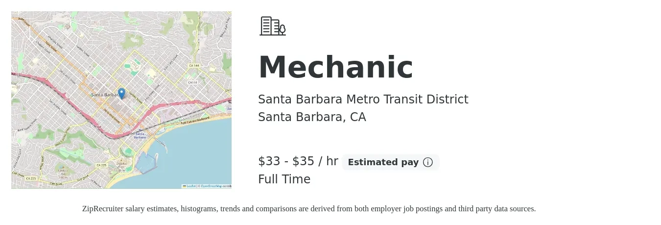 Santa Barbara Metro Transit District job posting for a Mechanic in Santa Barbara, CA with a salary of $35 to $37 Hourly with a map of Santa Barbara location.