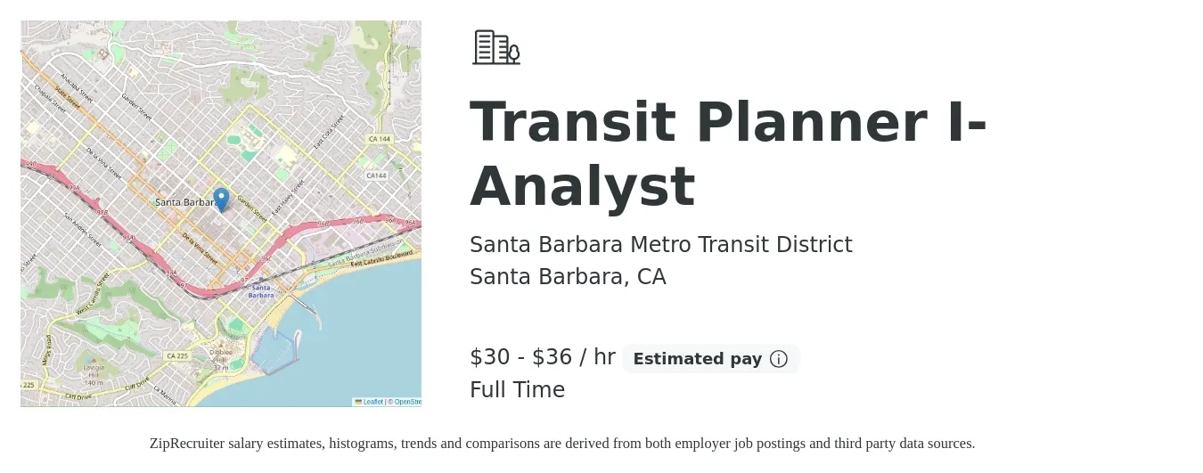 Santa Barbara Metro Transit District job posting for a Transit Planner I- Analyst in Santa Barbara, CA with a salary of $31 to $38 Hourly with a map of Santa Barbara location.