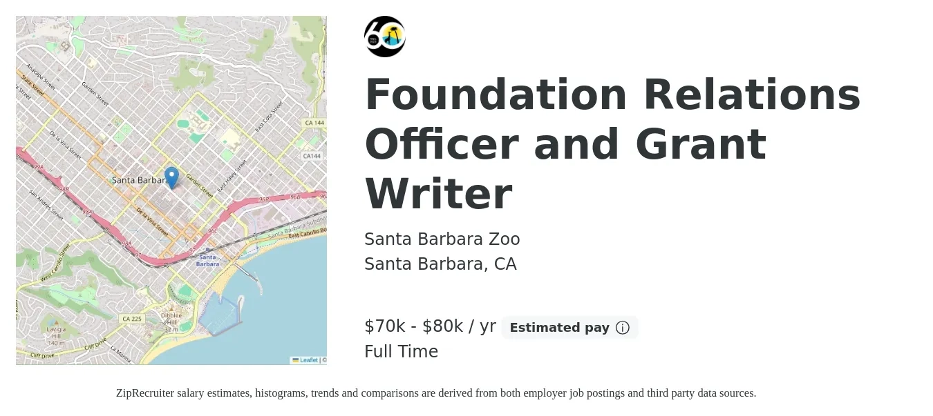 Santa Barbara Zoo job posting for a Foundation Relations Officer and Grant Writer in Santa Barbara, CA with a salary of $65,000 to $75,000 Yearly with a map of Santa Barbara location.