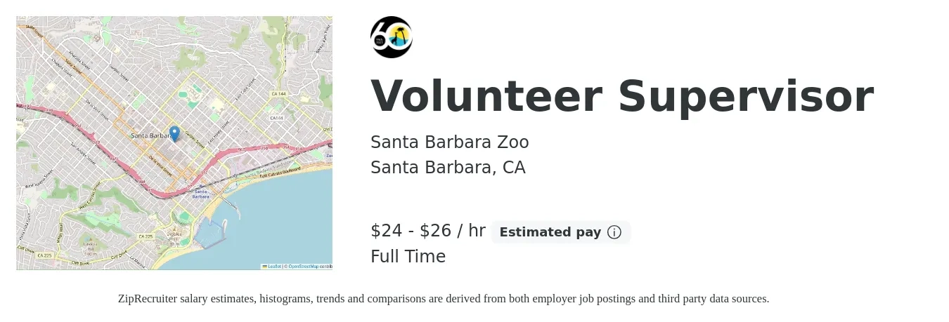 Santa Barbara Zoo job posting for a Volunteer Supervisor in Santa Barbara, CA with a salary of $26 to $28 Hourly with a map of Santa Barbara location.