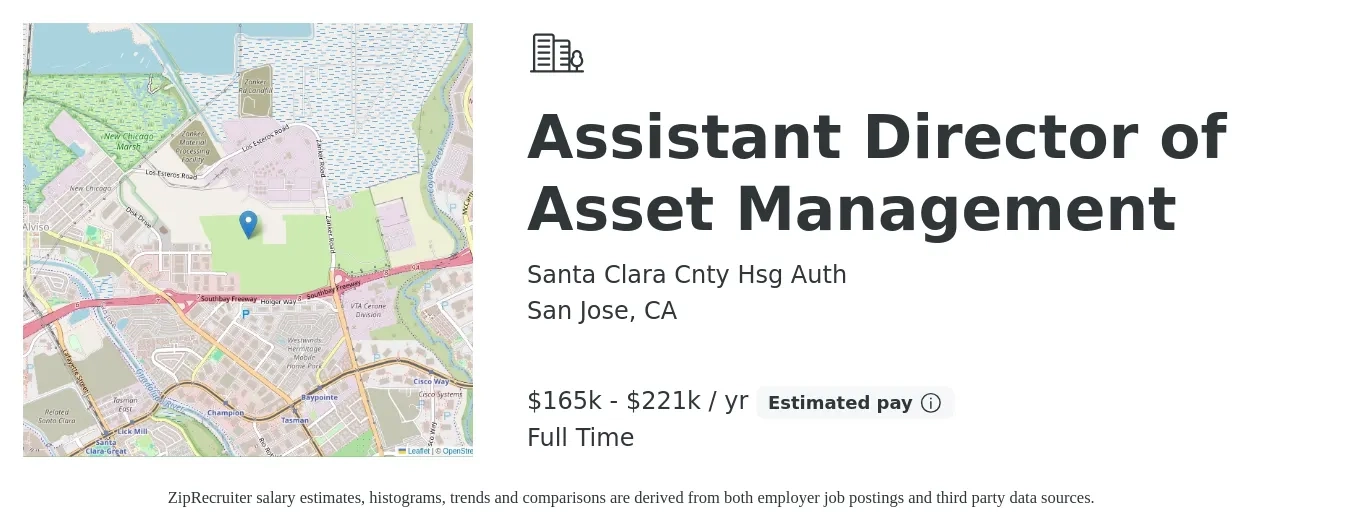Santa Clara Cnty Hsg Auth job posting for a Assistant Director of Asset Management in San Jose, CA with a salary of $165,383 to $221,629 Yearly with a map of San Jose location.