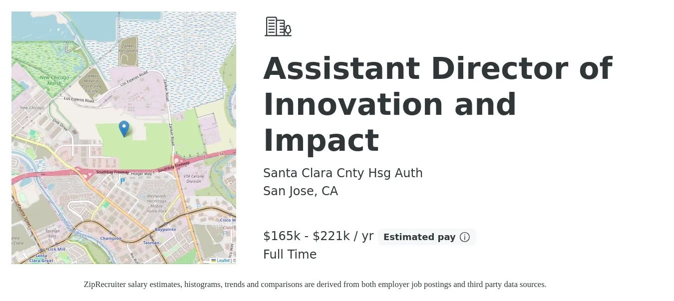 Santa Clara Cnty Hsg Auth job posting for a Assistant Director of Innovation and Impact in San Jose, CA with a salary of $165,383 to $221,629 Yearly with a map of San Jose location.