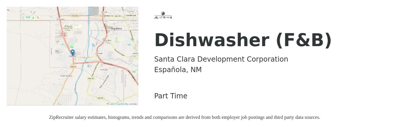 Santa Clara Development Corporation job posting for a Dishwasher (F&B) in Española, NM with a salary of $13 to $17 Hourly with a map of Española location.