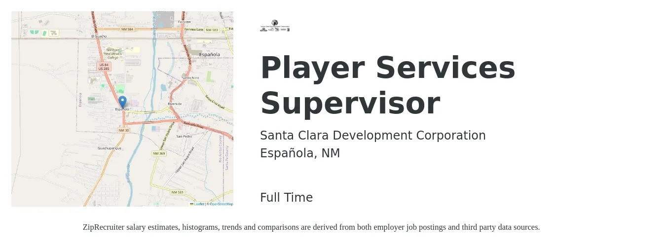 Santa Clara Development Corporation job posting for a Player Services Supervisor in Española, NM with a salary of $50,500 to $83,900 Yearly with a map of Española location.