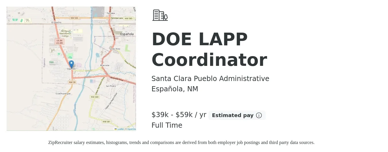 Santa Clara Pueblo Administrative job posting for a DOE LAPP Coordinator in Española, NM with a salary of $39,869 to $59,803 Yearly with a map of Española location.