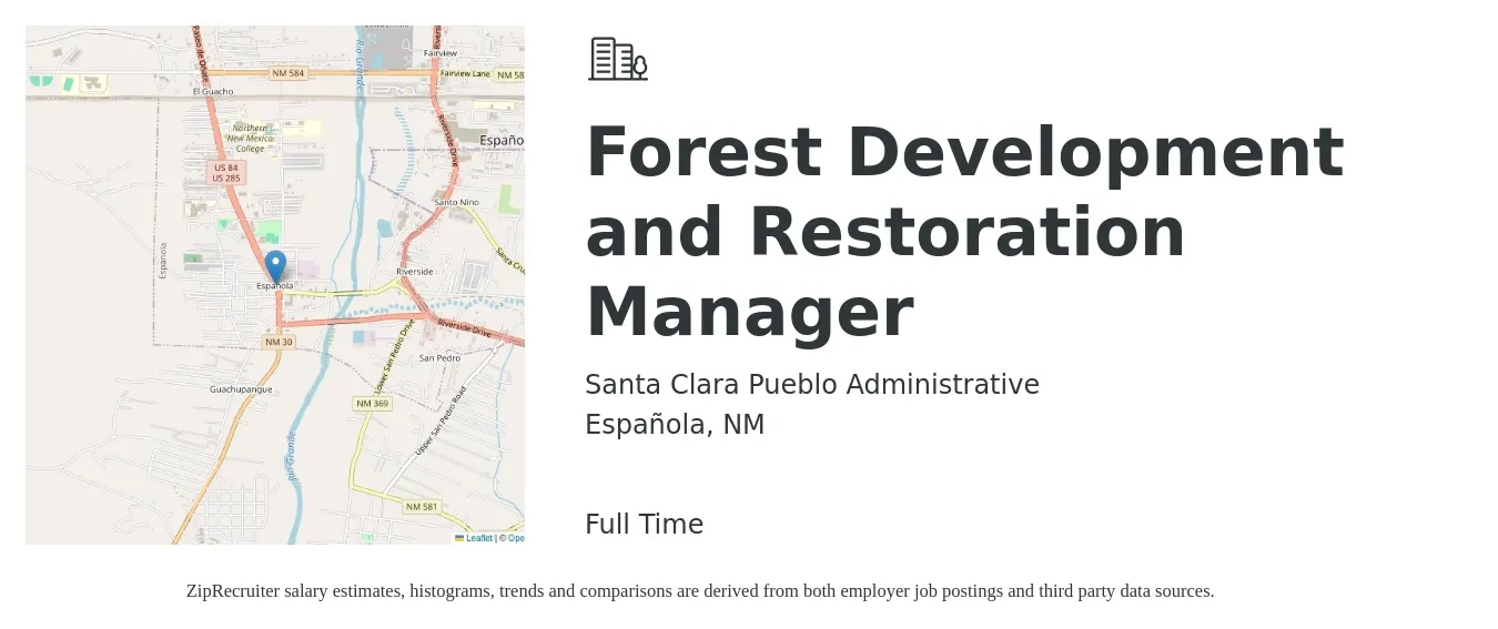 Santa Clara Pueblo Administrative job posting for a Forest Development and Restoration Manager in Española, NM with a salary of $59,100 to $91,500 Yearly with a map of Española location.