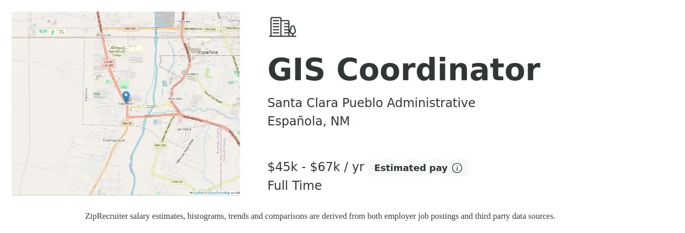 Santa Clara Pueblo Administrative job posting for a GIS Coordinator in Española, NM with a salary of $45,108 to $67,662 Yearly with a map of Española location.