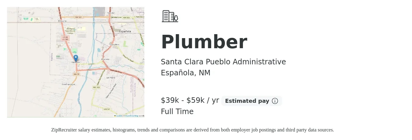 Santa Clara Pueblo Administrative job posting for a Plumber in Española, NM with a salary of $39,869 to $59,803 Yearly with a map of Española location.